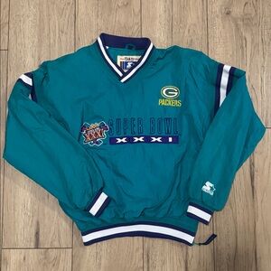Vintage Starter Green Bay Packers Super Bowl 31 Teal Nylon Pullover Youth Large